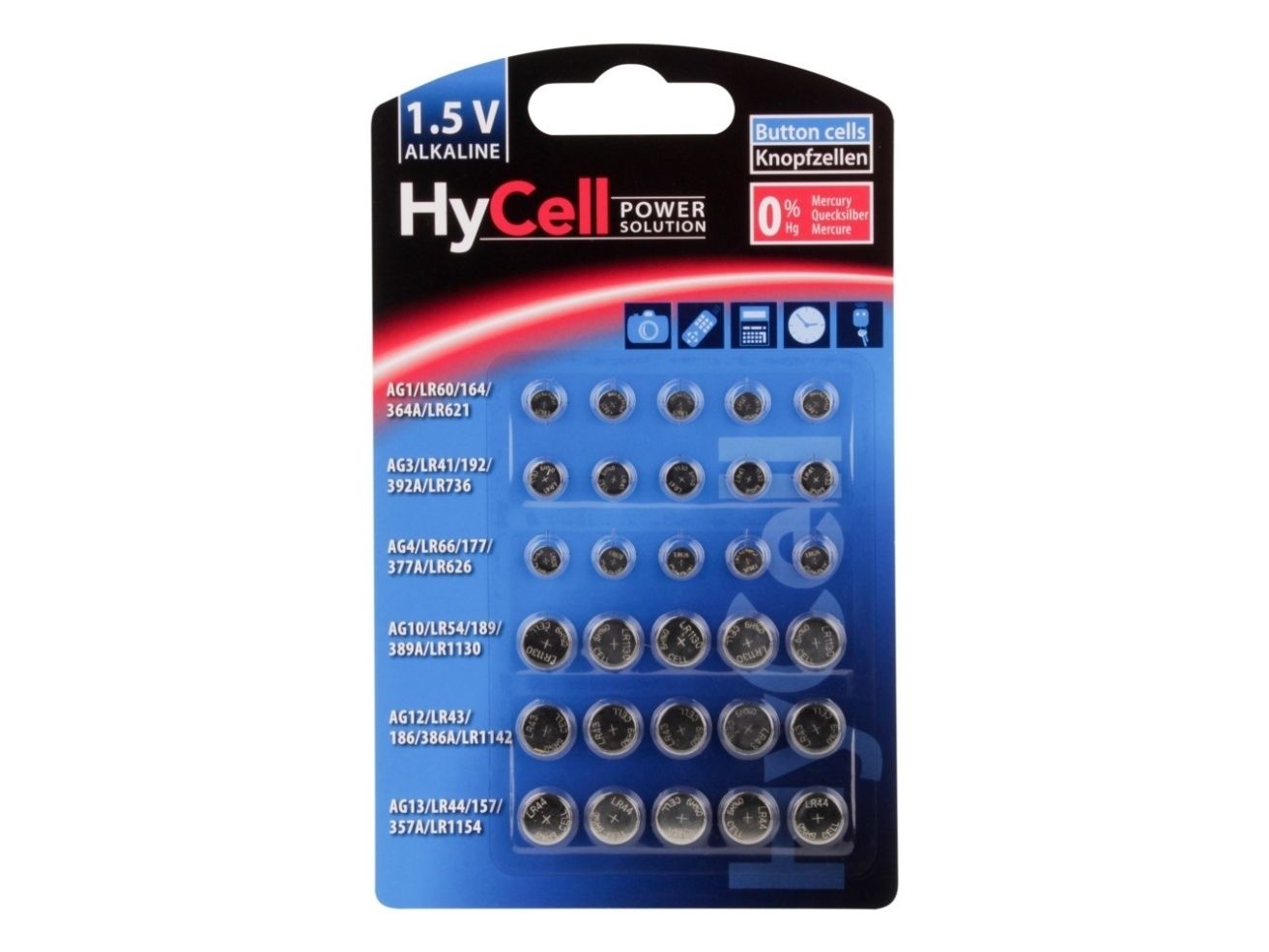 Hycell 5015473, Engangsbatteri, Lr60, Lr66, Lr41, Lr43, Lr44, Lr54, Alkaline, 1,5 V, 30 Stk, Sølv