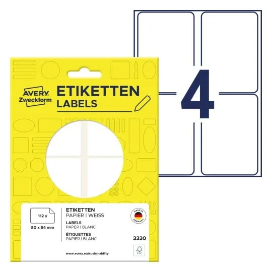 Avery Multi-Purpose Labels 3330 - Selv-Klæbende - Hvid - 54 X 80 Mm 112 Stk. Etiketter