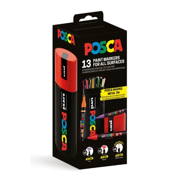 POSCA Shaped metal tin - med 13 stk. POSCA pens