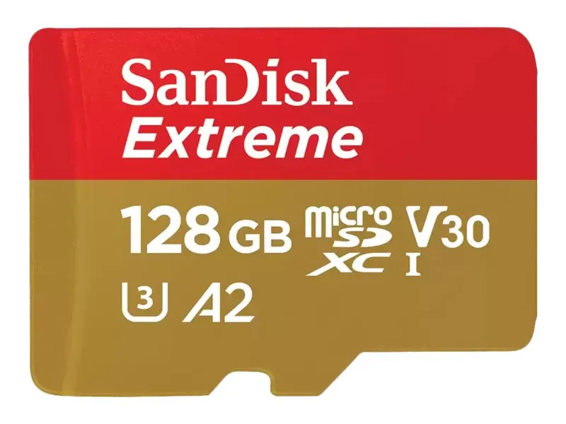 SanDisk Extreme - Flash-minneskort (microSDXC till SD-adapter inkluderad) - 128 GB - A2 / Video Class V30 / UHS-I U3 / Class10 - mikroSDXC UHS-I | Tele & GPS - Mobil tillbehör - Minneskort | GameStuff