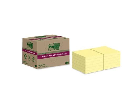 Post-it Super Sticky 100 % Recycled, kanariegule, 76 x 76, pakke a 12 stk