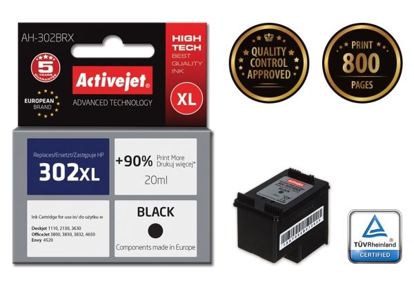Activejet Ah-302Brx Tintenpatrone (Ersatz Für Hp 302Xl F6u68ae Prämie 20Ml Schwarz), Hohe (Xl-) Ausbeute, Tinte Auf Pigmentbasis, 20 Ml, 900 Seiten,