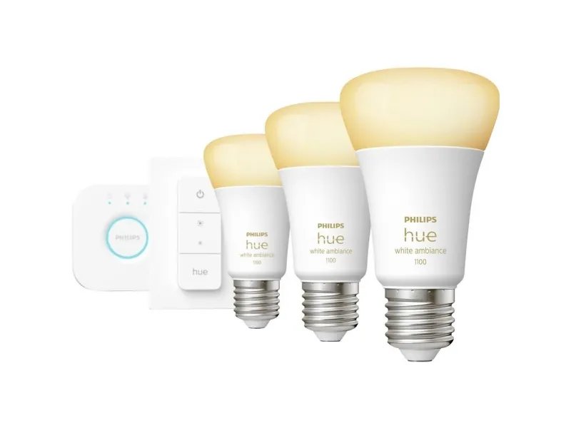 Philips Hue starterkit, White ambiance, 1100 lm, 3 x E27 prer, Dimmer switch, Bridge, Bluetooth + Zigbee
