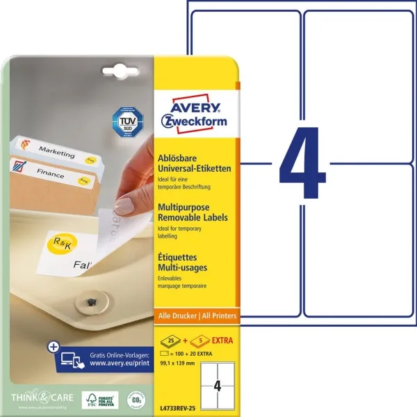 Avery L4733REV - Borttagbar häftning - vit - 99.1 x 139 mm 100 stk (25 ark x 4) etiketter | Papper & Emballage - Taggar | GameStuff