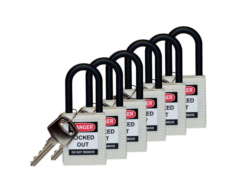 Brady 813641, Konventionelle hængelås, Nøglelås, Indtastet forskelligt, Hvid, Nylon, Nylon