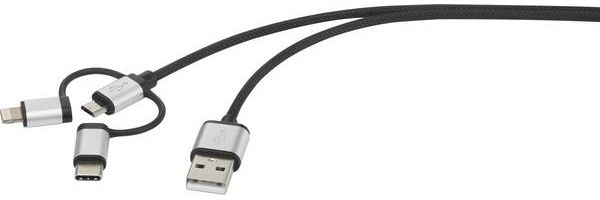 Renkforce Usb-Kabel Usb 2.0 Usb-A-Hanstik, Usb-C Stik, Usb-Micro-B-Hanstik, Apple Lightning-Stik 25.00 Cm Mørkegrå Sleeved Rf-3335106