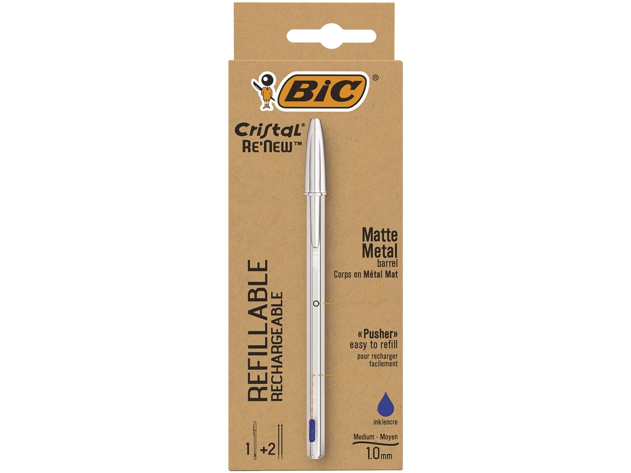 Kuglepen BIC Cristal Re-New - inkl. 2 stk. refill med Point Blue