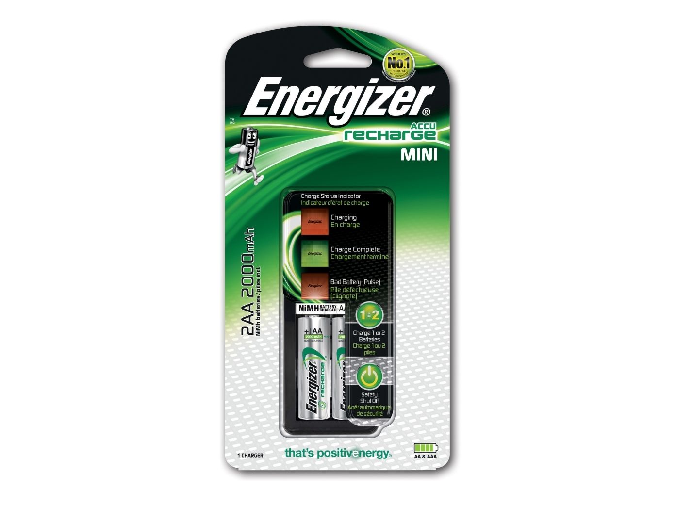 Energizer Mini Charger, Nikkelimetallihybridi (NiMH), Ylivaraus, AA, AAA, 2 kpl, Sisältää paristot
