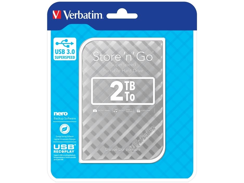 Verbatim Store 'N' Go Portable - Harddisk - 2 Tb - Ekstern (Bærbar) - 2.5" - Usb 3.0 - Sølv