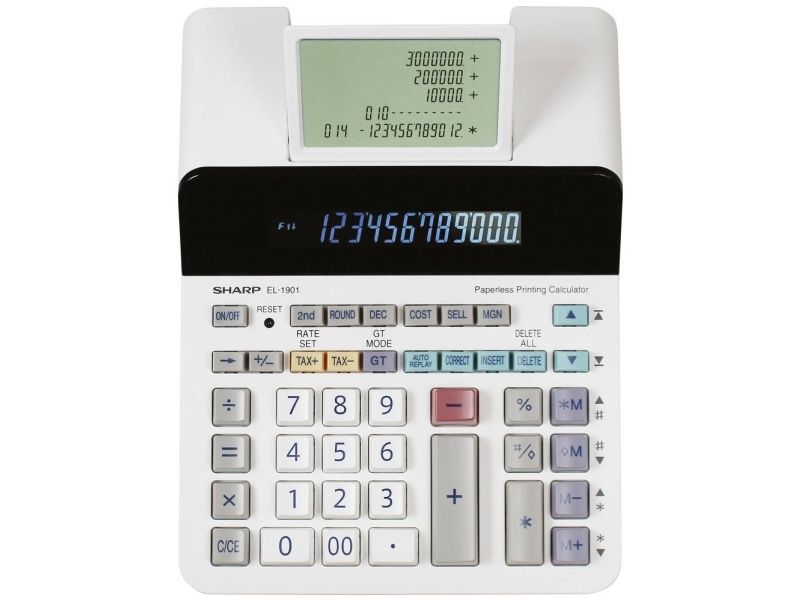 Sharp El-1901, Desktop, Display-Rechner, 12 Ziffern, Display Klappbar, Wechselstrom/Batterie, Weiß