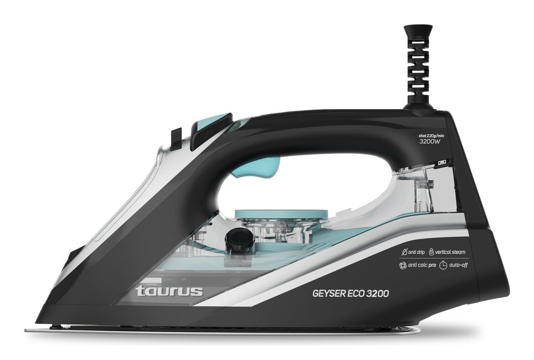 Taurus GEYSER ECO 3200, Tør & dampstrygejern, AnodizedSlide soleplate, 220 g/min, Sort, Sølv, Transparent, Turkis, Indbygget, Vejledning