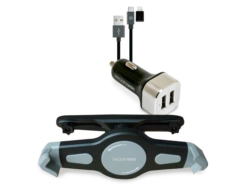 RealPower Tablet Car Set Zubehoer-Set fuer Tablets, Tablet/UMPC, Aktiv holder, Bil, Sort, Sølv