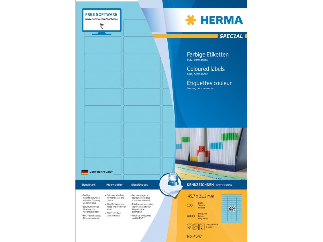 Herma 4547, Blå, Rektandel, A4, Universel, Matte, Laser/Tintenstrahl