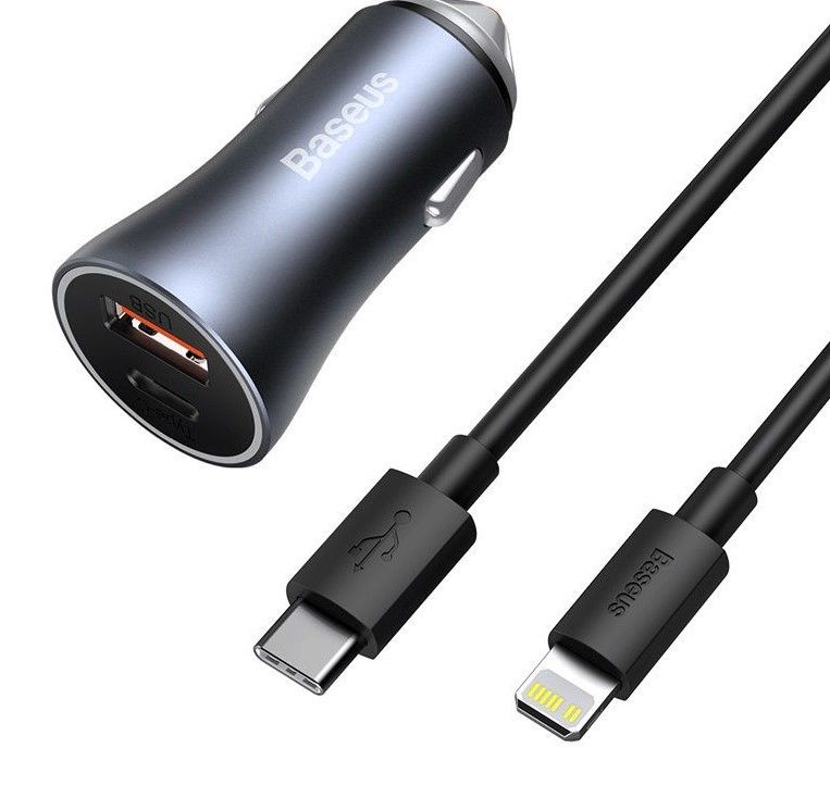 Ladowarka Baseus Ladowarka samochodowa Baseus Golden Contactor Pro, USB + USB-C, QC4.0+, PD, SCP, 40W (szara) + kabel USB-C do iP 1m (czarny)