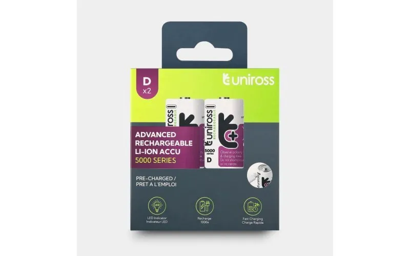Uniross USB-C D/HR20 laddningsbara litiumbatterier 5000mAh, 2 st.
