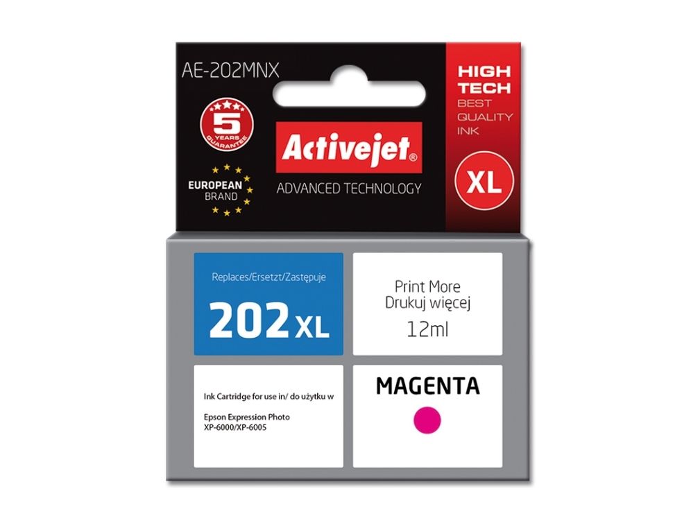 Activejet Ae-202Mnx Ink (Erstatning Epson 202Xl H34010 Supreme 12 Ml Rød), Højt (Xl) Udbytte, Farvebaseret Blæk, 12 Ml, 1 Stk, Enkelt Pakke