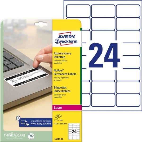 Etiketter Avery 63,5X33,9 Mm Hvid Med Nopeel - (20 Ark X 24 Stk.)