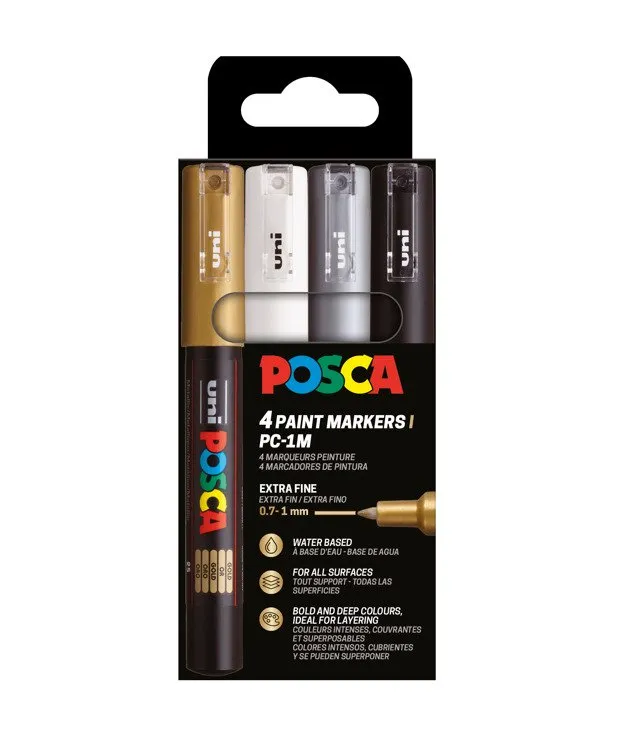 POSCA PC-1M 4st set (svart,vit,guld,silver) | Skrivredskap - Märkpennor - Permanent Marker | GameStuff