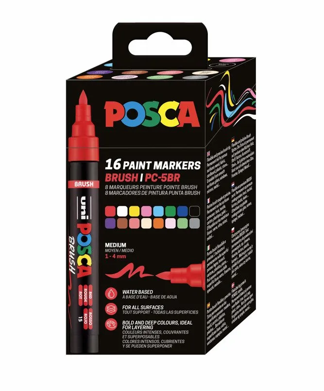 POSCA PC-5M PENSE - med 16 st. assorterade färger - vändbar penselspets | Skrivredskap - Märkpennor - Permanent Marker | GameStuff