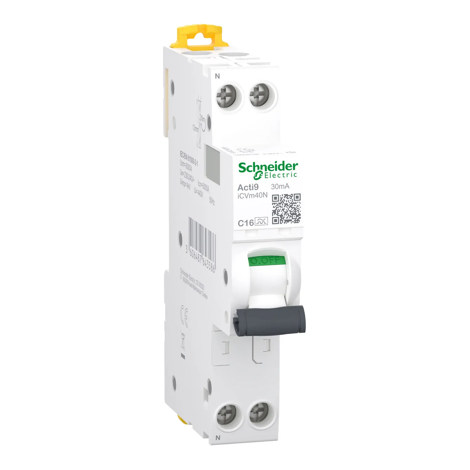 Schneider Electric FI/LS Acti9 iCVm40N, Residual-current device with overcurrent protection (RCBO), Type C, 6000 A, IP20, IP40