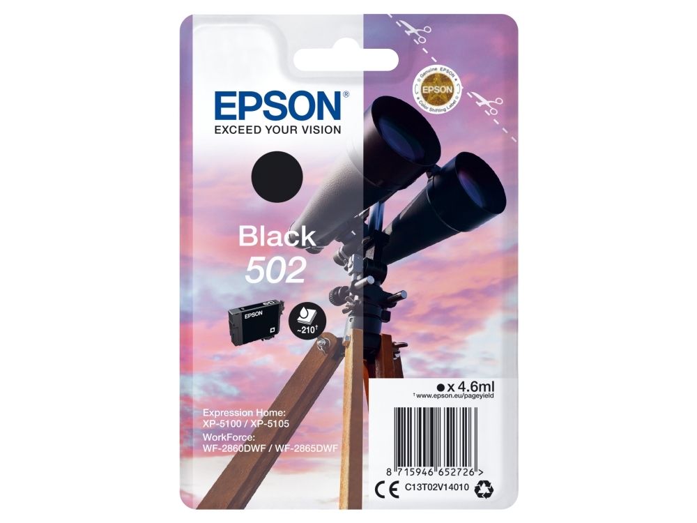 Epson 502, Standard Udbytte, Sort, Pigmentbaseret Blæk, 4,6 Ml, 1 Stk, 210 Sider