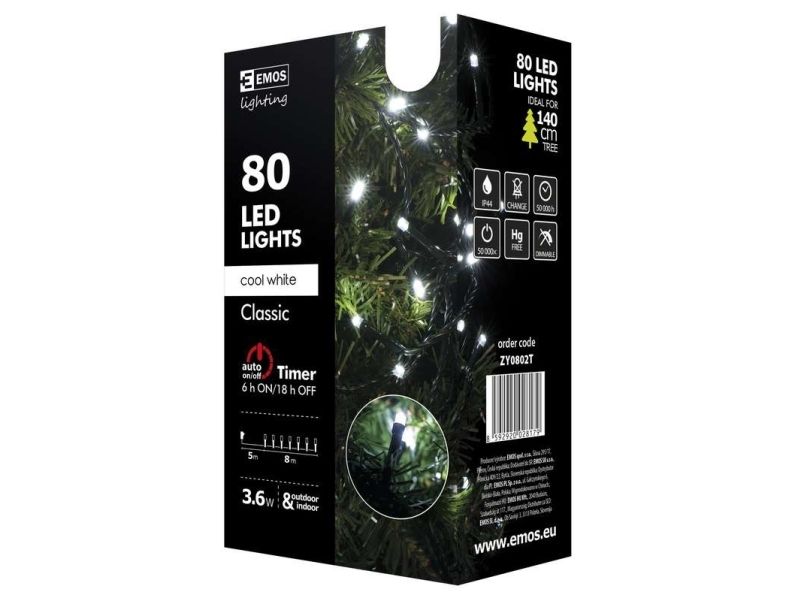 Christmas Lights Emos Christmas Tree Set Xmas Classic Timer 3.6W 80Led 8M Ip44 Cold White Zy0802t