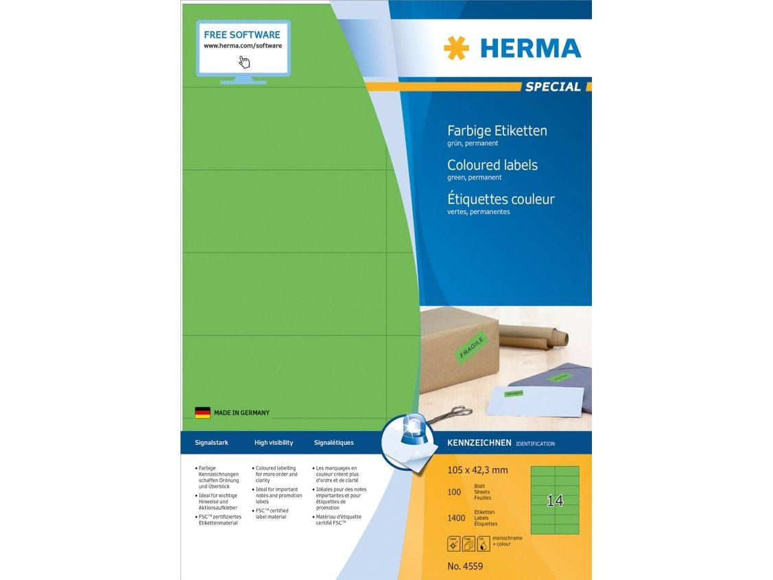 Herma 4559, Grün, Rechteckig, A4, Universal, Matt, Laser/Tintenstrahl