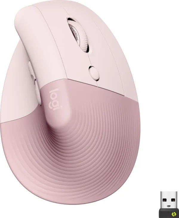 Logitech Lift (Højre-hånd) - Lodret mus - ergonomisk - optisk - 6 knapper - trådløs, kabling - Bluetooth, 2.4 GHz - trådløs modtager (USB) - Rose