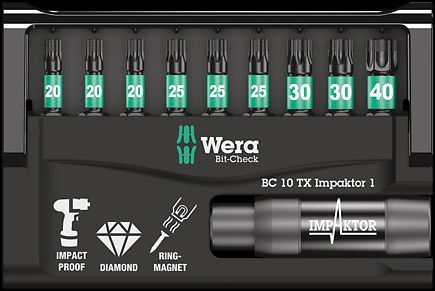 Wera Bit-Check 10 Tx Impaktor 1 - Skruetrækkerbit Og Bitholdersæt - 10 Stykker - Torx - T20, T25, T30, T40 - Sekskantet