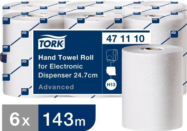 Tork Håndklæderulle til Elektronisk Dispenser - 24,7 cm, 2-lag Hvid H13 6 ruller 471110 | Aftørring | EU-Blomsten | Håndklæderulle