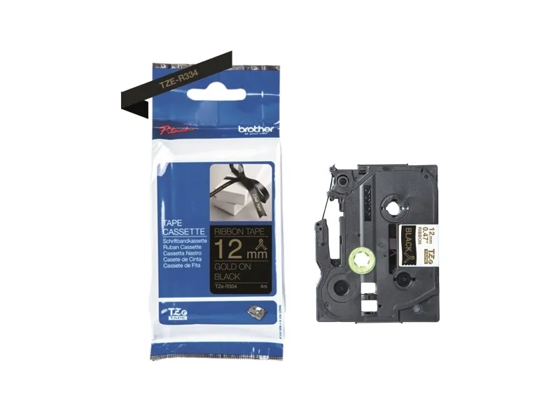 Brother TZe-R334 gavebånd 12mm x 4m - guld på sort satinbånd | Papper & Emballage - Märkning - Etiketter och Tejp | GameStuff