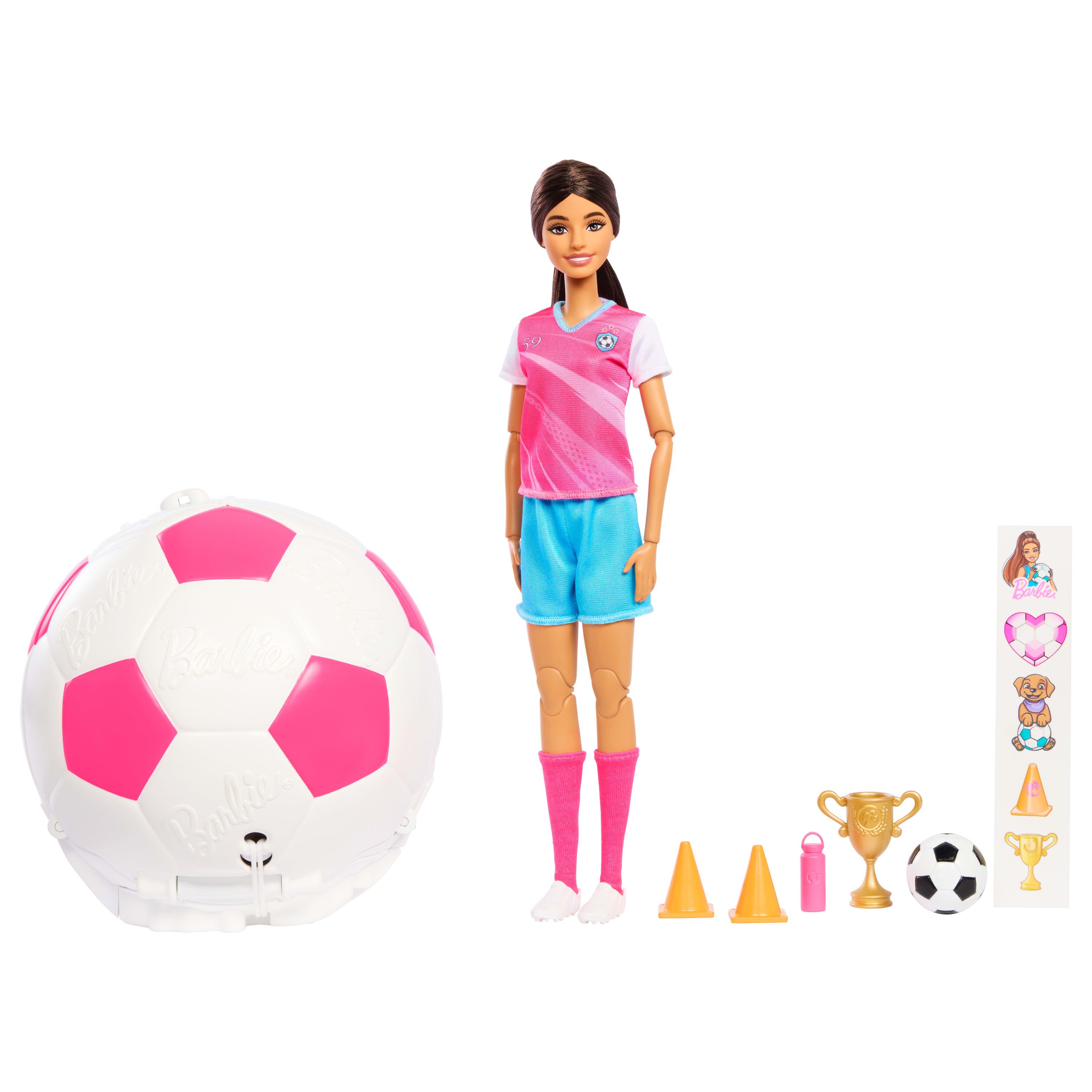 Barbie TEAM Roll & Reveal Soccer Player Doll and Accessories, Mode dukke, Hunstik, 5 År, Dreng/Pige, 165 mm, Flerfarvet