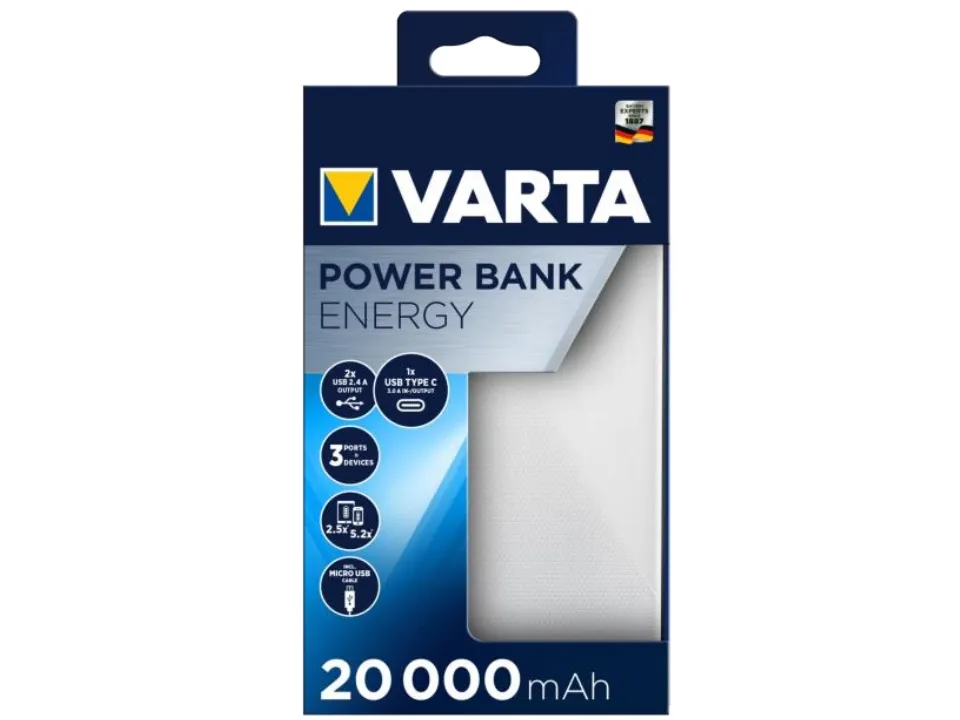 Varta Energy - Strömförsörjningsbank - 20000 mAh - 74 Wh - 15 Watt - 3 utdatakontakter (2 x USB, 24 pin USB-C) | Tele & GPS - Batteri & Laddare - Strömförsörjningsbanker | GameStuff