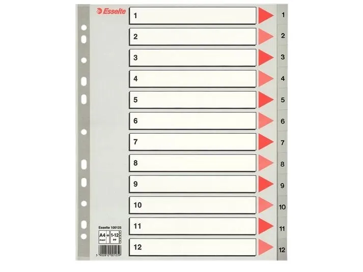 Esselte - Avdelare - 12 delar - förtryckt: 1-12 - för A4 Maxi - tabbad - grå | Arkivering - Tabblad - PP-Tabblad & Register | GameStuff