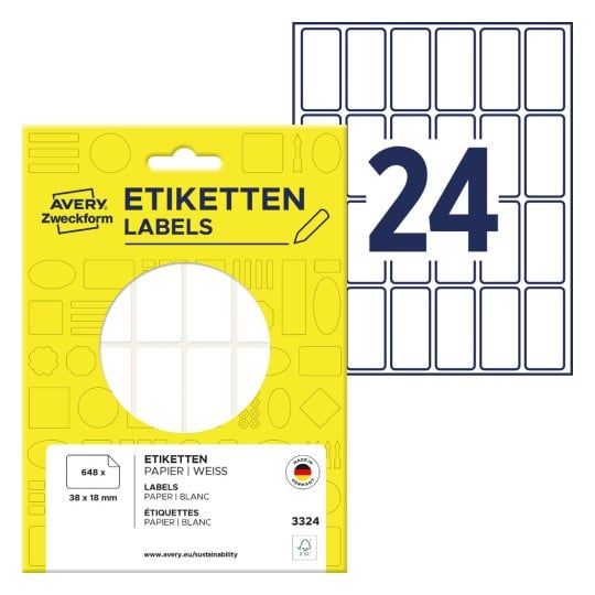 Avery Multi-Purpose Labels 3324 - Selv-Klæbende - Hvid - 18 X 38 Mm 648 Stk. Etiketter