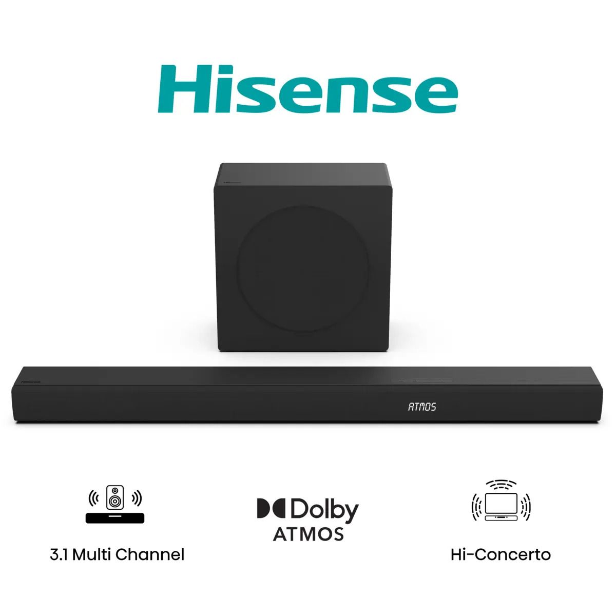 Hisense AX3100Q, 3.1 kanaler, 500 W, DTS, DTS-HD Master Audio, DTS:X, Dolby Atmos, Dolby Digital Plus, 280 W, 200 W, 10,2 cm (4)