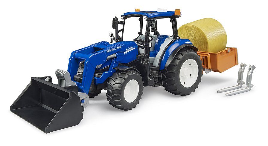 Bruder New Holland T5.120 Traktor 1:16, Frontlader, Ladebox, Gabeln, Rundballen