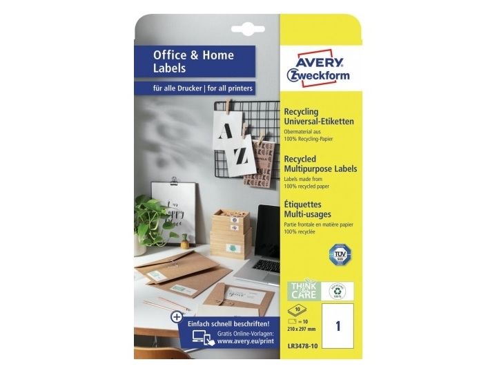 Avery-Zweckform LR3478-10 Etiketter 210 x 297 mm Genbrugspapir Hvid 10 stk Permanent Universelle etiketter 10 Sheet DIN A4