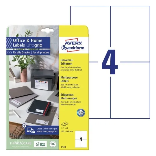 Avery 6124, Vit, Rektangel, Permanent, 105 x 148, A4, papper | Papper & Emballage - Taggar - Flera etiketter | GameStuff