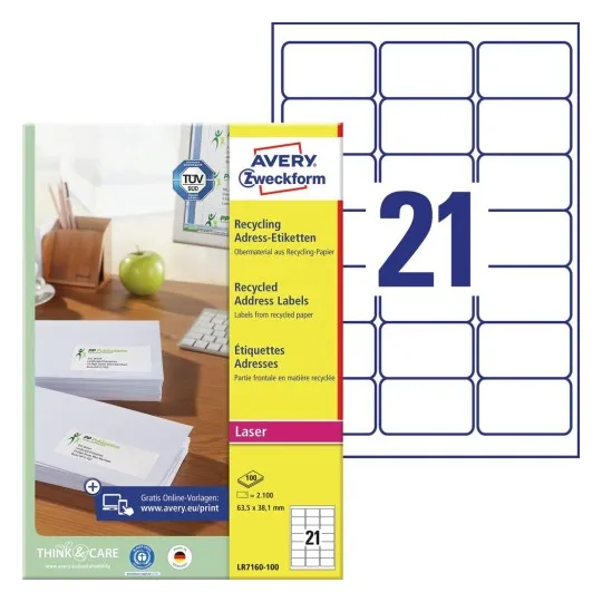 Förpackningsetiketter Avery LR7160-100 vit 63,5 x 38,1 mm (låda med 2100 st.) | Papper & Emballage - Märkning - Etiketter och Tejp | GameStuff