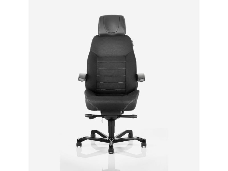 Kontorstol KAB Seating Executive, White-Line Sort tekstil fighter inkl. armlæn og nakkestøtte i sort skind