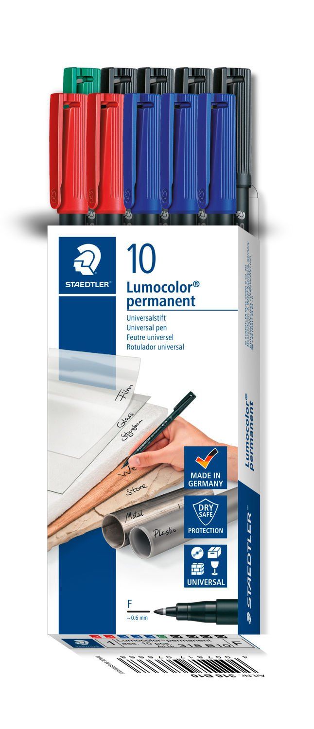Marker Lumocolor® Permanent 0,6 mm med ass. farver blå, grøn, rød og sort - (10 stk.)