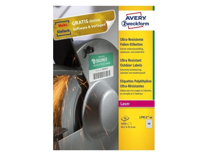 Avery L7911-40, Hvid, Selvklæbende printeretiket, A4, Polyethylen, Laser, Permanent