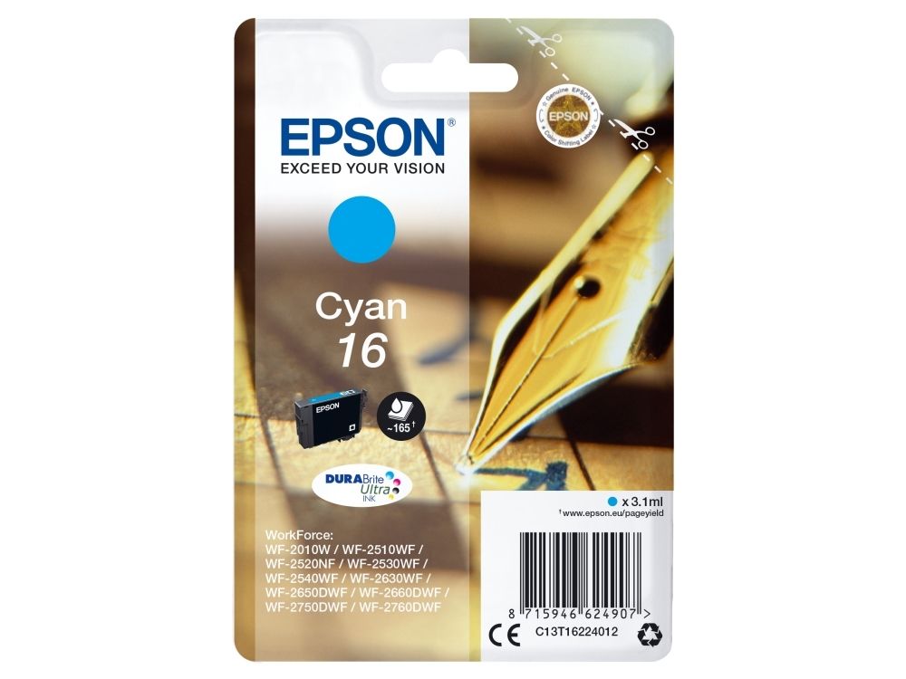 Epson 16 - 3.1 Ml - Cyan - Original - Blækpatron - For Workforce Wf-2010, 2510, 2520, 2530, 2540, 2630, 2650, 2660, 2750, 2760