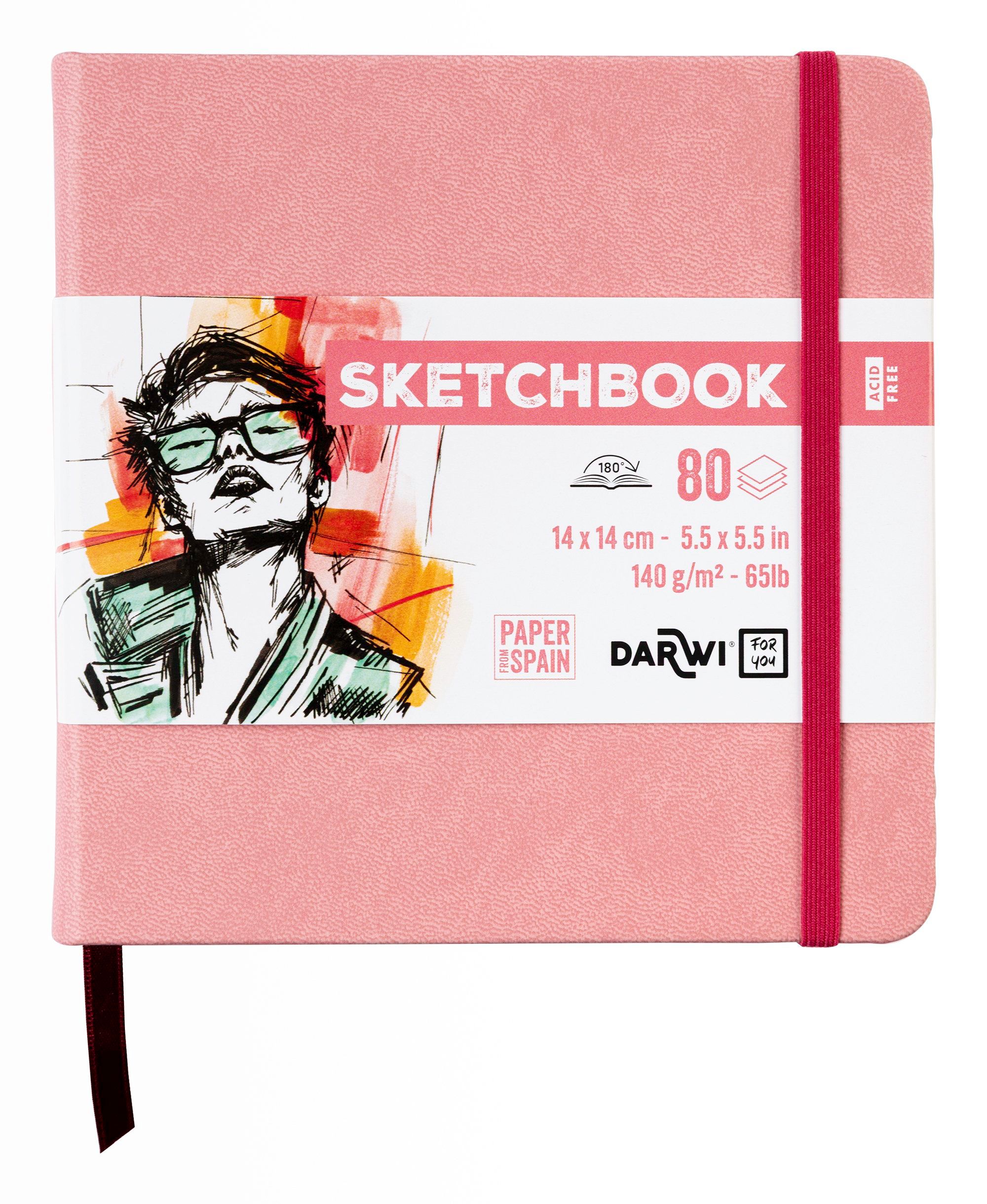 Darwi Sketchbook/skitsebog , soft pink omslag (14x14cm) 80 ark hvidt, 140gram skitsepapir, omslag i kunstlæder, elastiklukning og bogmærke.(Handmade