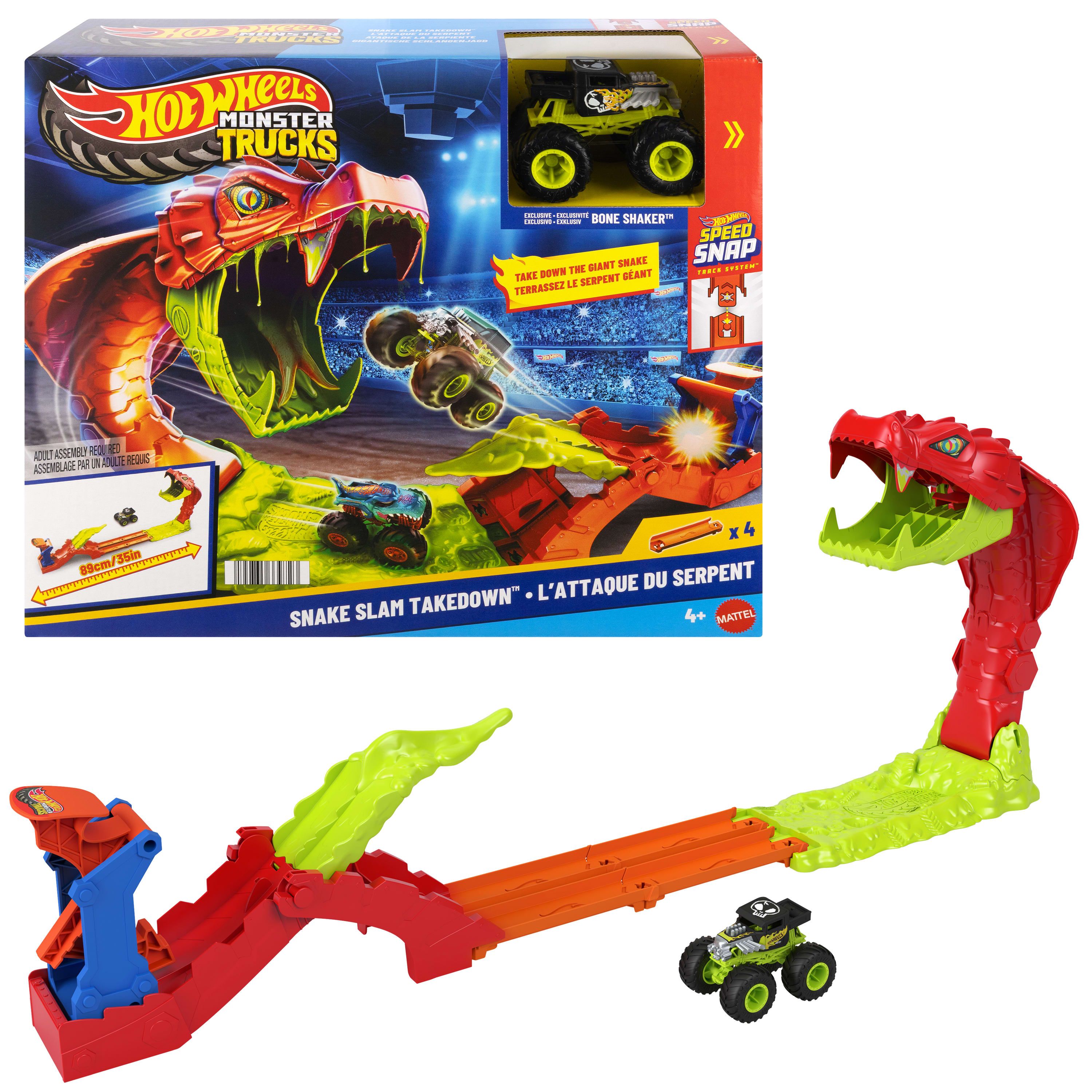Hot Wheels Monster Trucks Snake Slam Takedown-lekset med Bone Shaker-fordon i skala 1:64, Set med monstertruck och bana, 4 År, Plast, Multifärg