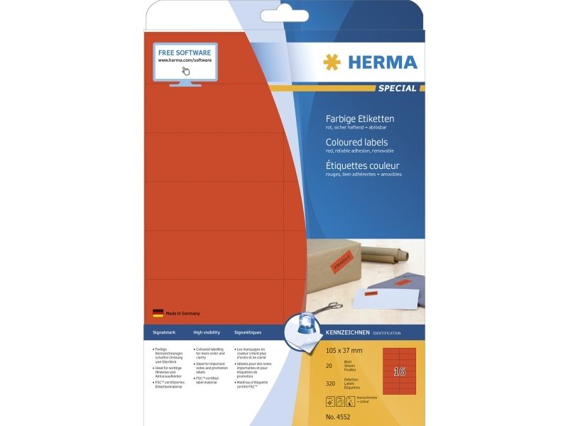Herma 4552, Rød, Rektandel, A4, Universel, Matt, Laser/Tintenstrahl