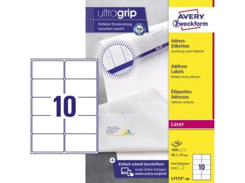 Laseretiket Avery L7173-100 99,1x57 mm hvid - (100 ark x 10 stk.) | Papper & Emballage - Märkning - Etiketter och Tejp | GameStuff