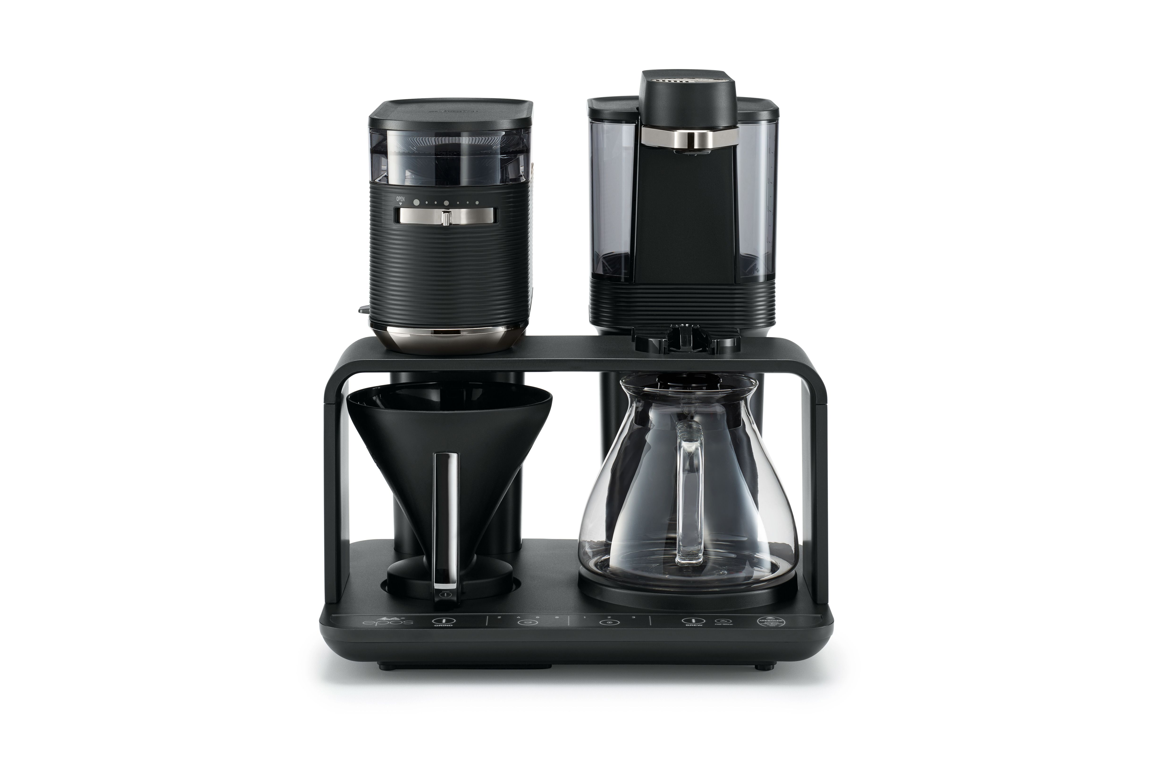 Melitta Epos 1024-01, Filterkaffeemaschine, Kaffeebohnen, Eingebautes Mahlwerk, 1515 W, Schwarz, Silber