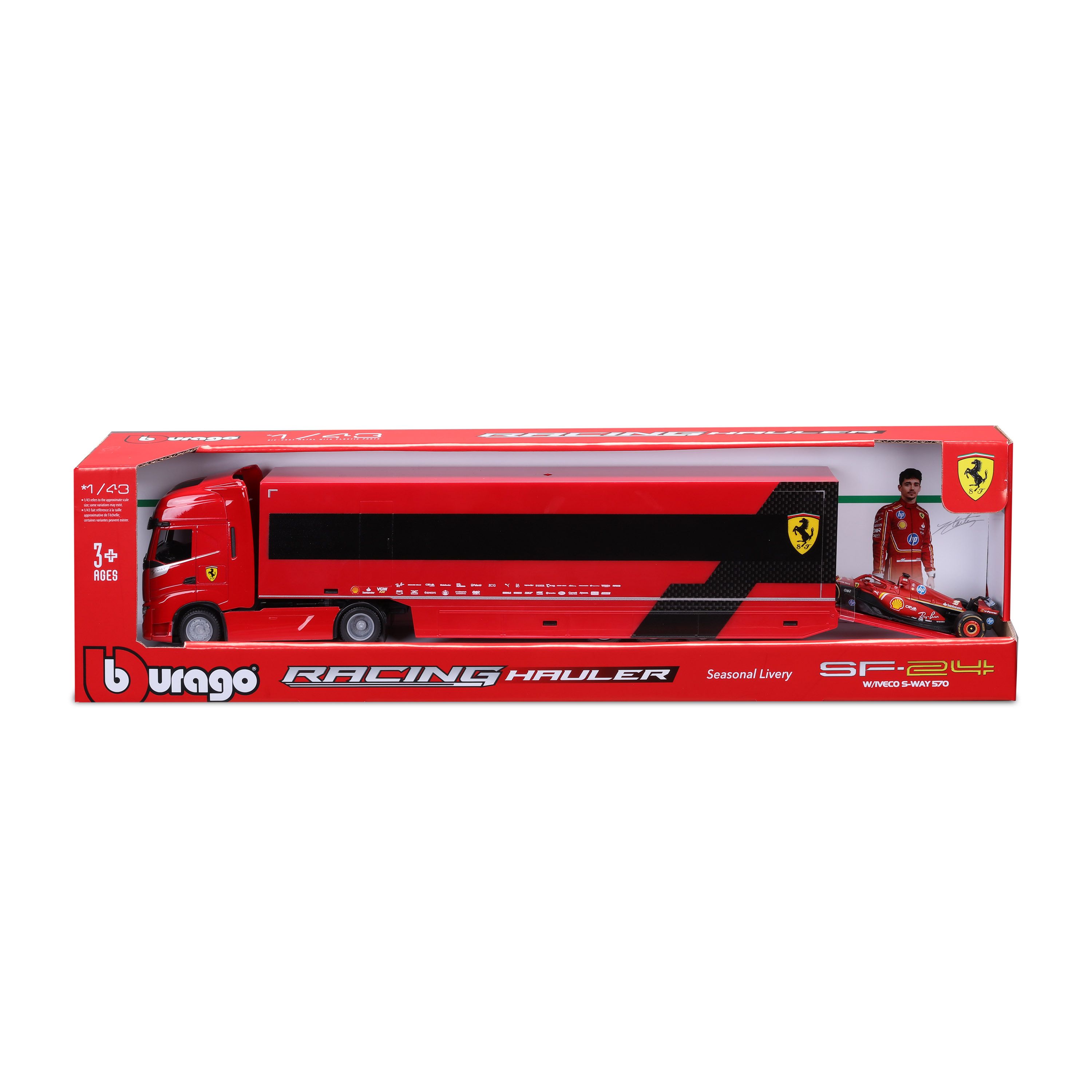 BBurago 36867 Iveco S-WAY lastbilmodel med trailer 1:43 Ferrari SF-24